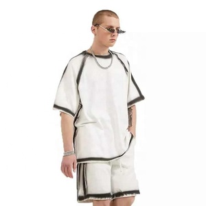 2025 nouveau été Hip Hop hommes t-shirt ensemble 2 pièces logo personnalisé Vintage court t-shirt ensemble blanc coton Shorts ensemble hommes - Product Image 1