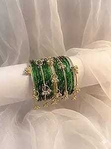 Premium Gold Plated Trendy Multi-Tone Glass & Pearl <b>Bangle</b> <b>Set</b> Ombre Finish Glitter Accents Traditional Wedding Wholesale Bulk - Product Image 2