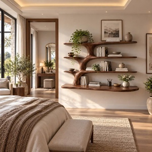 Bureau mural contemporain en bois artisanal Luxali avec étagère en forme d'arbre, plusieurs étagères et tiroir pour bureau à domicile - Product Image 5