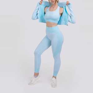 Conjunto de Yoga para Mujer, Azul Claro, 2 Piezas, Top Corto, Leggings de Cintura Alta, Spandex, Poliéster, Sin Costuras, Transpirable, Directo de Fábrica - Product Image 3