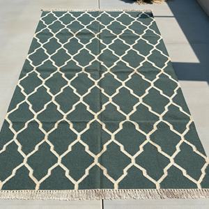 Tapis en laine tissé plat géométrique moderne, motif treillis Ogee, vert sarcelle et blanc, Kilim contemporain réversible, vert chasseur, tapis d'appoint écologique - Product Image 5