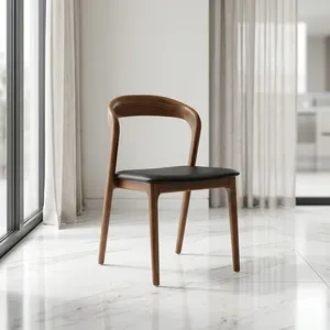 Chaise de restaurant moderne en bois avec dossier incurvé, assise rembourrée noire et pieds effilés pour café et décoration intérieure - Product Image 6