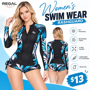 Regal Three Women's Beachwear Rash Guard <b>Long</b> <b>Sleeve</b> Zip Up Swimwear <b>Top</b> UV Protection Quick Dry Polyester Rashguard Tee <b>Top</b> - Product Image 1