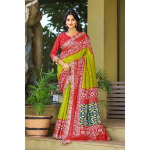 DESIGNER PATOLA SOIE SEQUENCE BRODERIE DENTELLE BORDURE TRAVAIL SAREE AVEC CHEMISIER NON COUDU MEHNDI - Product Image 1