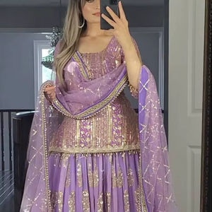 Trajes Salwar de diseñador indio y pakistaní, la última secuencia de bordado Georgete, Top DE TRABAJO Palazzo con Dupatta púrpura - Product Image 1
