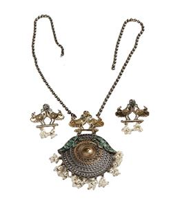 Parure de collier paon bohème en argent oxydé et boucles d'oreilles en forme de poire, bijoux de mariée indiens pour mariage, fête, anniversaire, fiançailles, cadeaux - Product Image 1