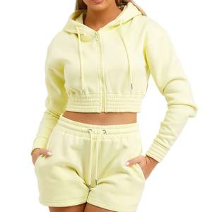 Women's 2-Piece Lace Button Sweatshirt <b>Shorts</b> Outfit Full-Zip Crop Hooded Jacket Back Split Hem <b>Sweatpants</b> for Running Set - Product Image 1