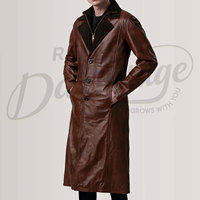 Manteau long en cuir marron pour homme, style trench-coat classique, véritable cuir, col double, coupe-vent