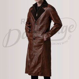 Abrigo de Cuero Marrón Premium para Hombre, Gabardina Clásica Larga de Invierno, Chaqueta de Cuero Genuino con Doble Cuello, Cortavientos - Product Image 3