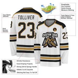Premium Quality Custom Ice Hockey Jersey Men's Long Sleeve V-Neck White Black Gold Stripes Moisture Wicking Sublimated Team - Product Image 3