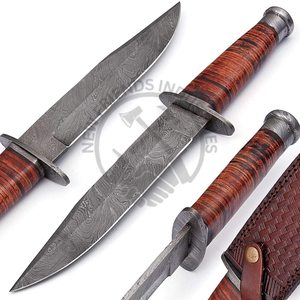 New Edition Custom Handmade 13" Damascus Steel Bowie Knife Collectible Fixed Blade Knife w/Leather Handle Outdoor <b>Hunting</b> Knife - Product Image 2