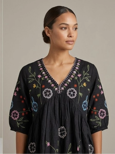 Black Floral Embroidered V-Neck Midi Dress <b>Three</b> Quarter Sleeve Boho Loose Fit Cotton Woven Summer Casual Dress - Product Image 4