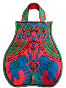 Sac fourre-tout brodé à la main en style folklorique rouge avec des éléphants bleus et un motif floral, bordure verte, style unisexe pour adultes, points Tatami, 120g - Product Image 2
