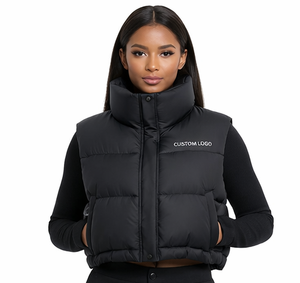 Chaleco Corto Acolchado Negro de Moda para Mujer, con Logotipo Personalizado, Cuello Alto, Sin Mangas, Chaqueta de Invierno Acolchada, Chaleco de Burbujas para Mujer - Product Image 1