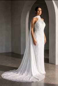 Modern Beaded Satin Vintage <b>Plus</b> <b>Size</b> Wedding <b>Dress</b> Sleeveless O-Neck Floor-Length Mermaid/Trumpet Style Natural Waistline - Product Image 3