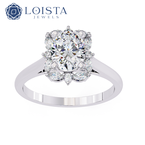 Oval Cut Lab Grown Diamond Halo Engagement Ring Oval Center Diamond with Round and Marquise Side <b>Stones</b> 925 Silver Wedding Party - Product Image 2