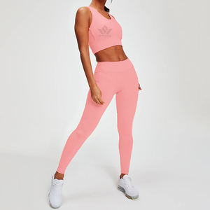 Ensemble de yoga sans couture 2 pièces bleu pour femme : Leggings taille haute et crop top dos nageur col en V, tenue de sport extensible - Product Image 2