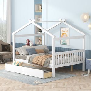 Letto a capanna in legno bianco a grandezza naturale con cassetti per bambini - Product Image 1