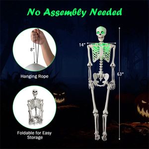 Scheletro di Halloween a grandezza naturale da 1,68 m con luci LED verdi preinstallate (occhi/petto), articolazioni completamente posizionabili, decorazione di Halloween in PP+PE - Product Image 4
