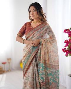 Sari de Lino y Algodón con Estampado Digital, Última Tendencia India, Elegante, Tradicional, Festivo, para Bodas, Verano, Casual, Graduación - Product Image 5