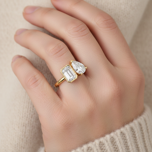 Современное кольцо «Ту-э-Му» с полным ободком, изумрудом и круглыми выращенными бриллиантами, 14-каратное золото, два камня, на заказ, для женщин, сертификат IGI - Product Image 6