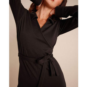 Mono formal de oficina para mujer, negro, manga larga, cuello en V, con lazo en la cintura, para otoño, informal de negocios, elegante, de una pieza, personalizado OEM - Product Image 2