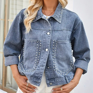 Chaqueta Corta de Mezclilla para Mujer, Estilo Blusón, con Remaches Decorativos, Cuello Camisero, Mangas Largas, Tela No Elástica, Acabado Lavado, para Invierno - Product Image 2