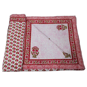 Pure Cotton Hand Block Printed Floral Style Multi Color Reversible Winter Cover up Light Weight Hand <b>Quilted</b> Jaipur Razai - Product Image 1