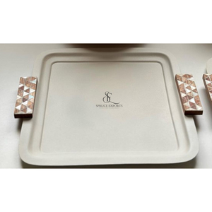 Luxury Metal 3 <b>Pc</b> White Tray <b>Set</b> With Wood & Mother Of Pearl Inlay Handle. Decorative Serving Platter For Hotel, Home & Catering - Product Image 4