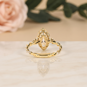 Luxury Gold Marquise Cut <b>Ring</b> with Pave Halo, Round Side Stones and Ornate Band Design Elegant <b>Statement</b> Fine Jewelry for Ladies - Product Image 4