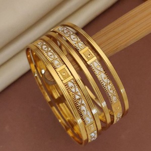 Luxury Gold Plated <b>Bangle</b> <b>Bracelet</b> Floral Engraved Pattern Metal Craft Jewelry for Women Traditional Wedding Wear Designer Style - Product Image 1