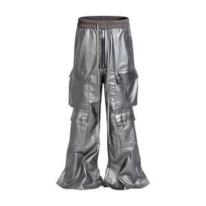 Men's Plus Size High Waist Canvas PU Coated Anti-Pilling <b>Cargo</b> <b>Pants</b> Wide Leg Loose Fit Workwear Style Drawstring Closure - Product Image 1