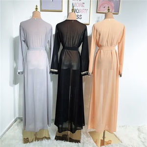 Paillettes Abaya Cardigan femmes musulmanes longue Satin soie 2023 été transparent Kimono ouvert devant dubaï islamique Hijab robe turquie mode - Product Image 5