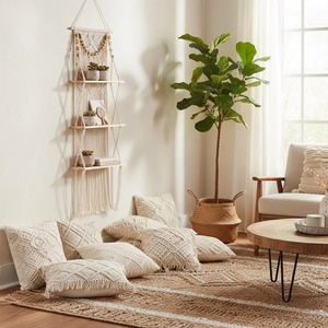 Handmade Three Tier Macrame Wall <b>Shelf</b> With Wooden Platforms For Books Plants Candles Storage And Display Wholesale From India - Product Image 3