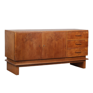 Vintage Burl <b>Wood</b> Credenza Sideboard Cabinet with 2-Door Lockable <b>Cupboard</b>, 3 Drawers, and Plinth Base - Product Image 1