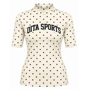 T-shirt personnalisé à pois pour femme, col montant, manches courtes, coupe ajustée, extensible, imprimé, décontracté, mode estivale, vente en gros - Product Image 1
