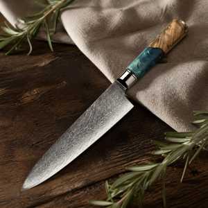 Couteau de Chef Personnalisé en Acier Damas avec Manche en Bois d'Olivier, Couteau de Cuisine avec Étui en Cuir, Fait Main, Tranchant pour Viande et Légumes - Product Image 4