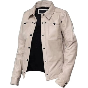 Veste en cuir beige pour femme, manches longues, coupe-vent, toutes saisons, vêtements de moto - Product Image 3