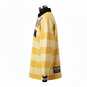 เสื้อรักบี้ผู้ชายผ้าฝ้าย GSM หนานุ่ม สีเหลืองครีม ลายทางถัก ปักลายปักโลโก้แบบกำหนดเอง สำหรับเสื้อโปโล - Product Image 3