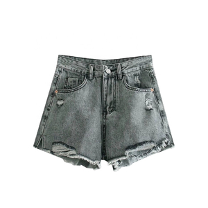 Shorts en jean taille haute amincissants pour femmes, style européen et américain, mode estivale, déchirés, à franges, couleur unie, sexy et respirants, vente en gros d'usine - Product Image 3