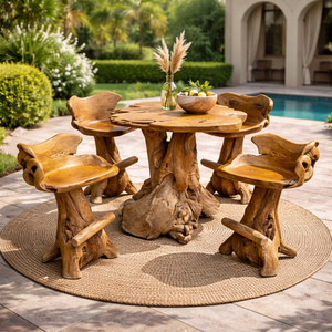 Juego de Mesa de Bar Rústico Orgánico ARTERRA de Raíz de Teca con Taburetes Hechos a Mano con Respaldo, Diseño Antiguo para Hoteles, Villas, Resorts, Cafés y Hogares - Product Image 5
