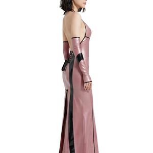 <b>Pink</b> PU Halter Neck Floor-Length Mermaid Dress With Contrast Binding Long Sleeve Fitted Sexy Party Wear - Product Image 5