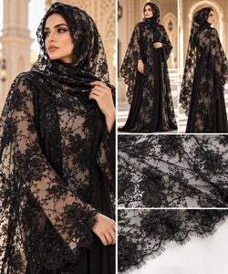 Tissu en dentelle noire de luxe brodé de fleurs 3D, maille transparente douce avec sequins pour hijab musulman, abaya et robes de mode - Product Image 6