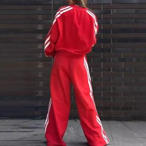 2026 Spring Autumn Custom Logo Striped Tracksuits Casual Loose Fit <b>Bow</b> Collar Long Sleeve Two-Piece Pants Set Women Side Stripe - Product Image 5