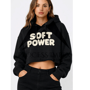 Sweat-shirt à capuche court noir pour femme, imprimé Soft Power, décontracté, en coton, avec poches, pour l'automne - Product Image 1