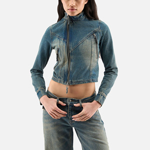 Women's <b>Cropped</b> <b>Denim</b> <b>Jacket</b> Moto Style High Neck Front Back Zipper Style Light Stonewashed Blue Skinny Fit Autumn Outerwear - Product Image 1