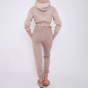 Ensemble de survêtement pour femme avec sweat à capuche court et pantalon de jogging effet délavé, motif uni, hiver, prix promotionnel, survêtements personnalisés pour femme - Product Image 6