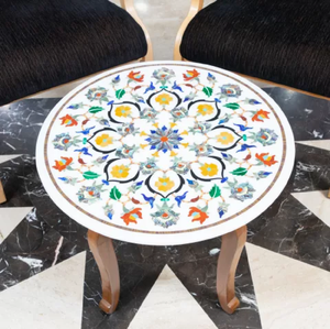 Round marble tabletop features striking green and beige geometric starburst design, marble bone inlay table top, at wholesale. - Product Image 2