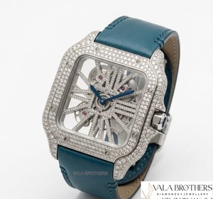 Montre mécanique carrée en or blanc sertie de diamants Rolaxx avec cadran à chiffres romains et bracelet en cuir bleu 42 mm Montre de luxe pour homme - Product Image 5