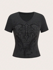 Camisetas de Verano para Mujer, Manga Corta, Multicolor, Estampado de Diamantes de Imitación, Transpirables, Casuales, 100% Algodón - Product Image 2